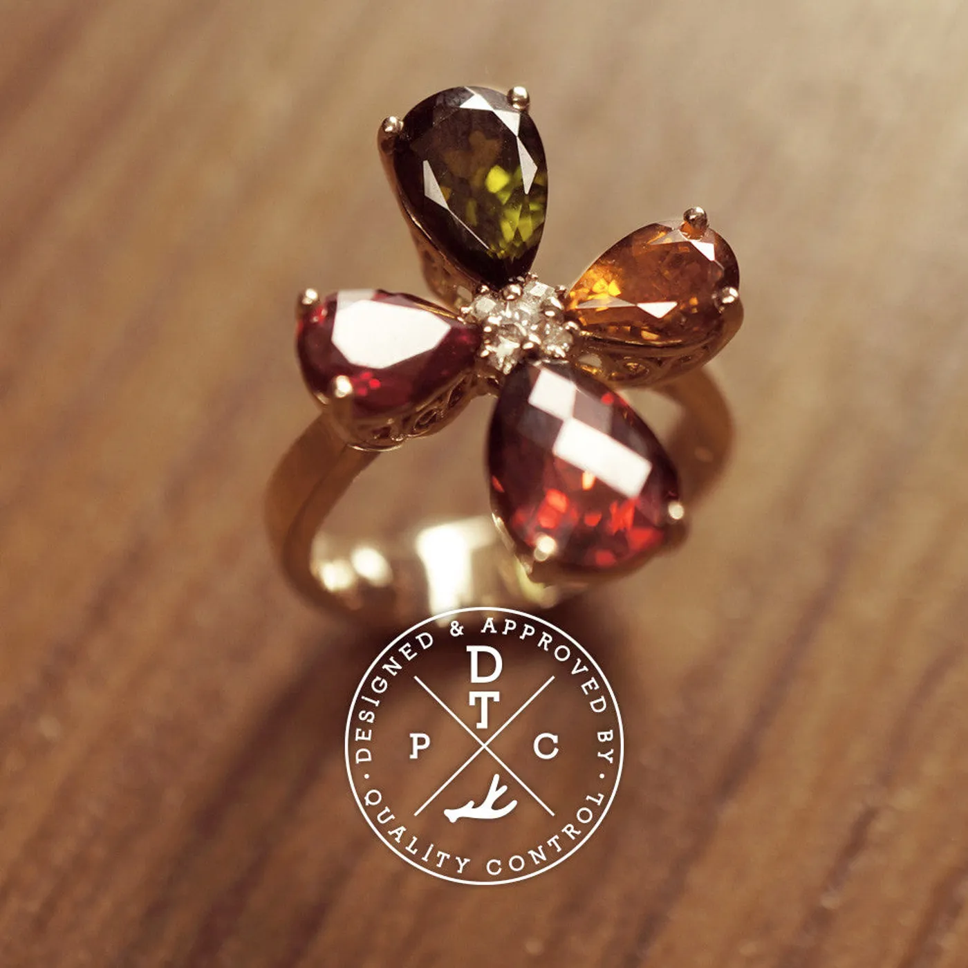18k Rose Gold Ring with Precious Stones (Clover) — view 3