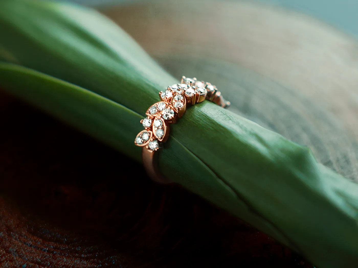 14k Rose Gold Diamond Ring (Leafs) — view 7