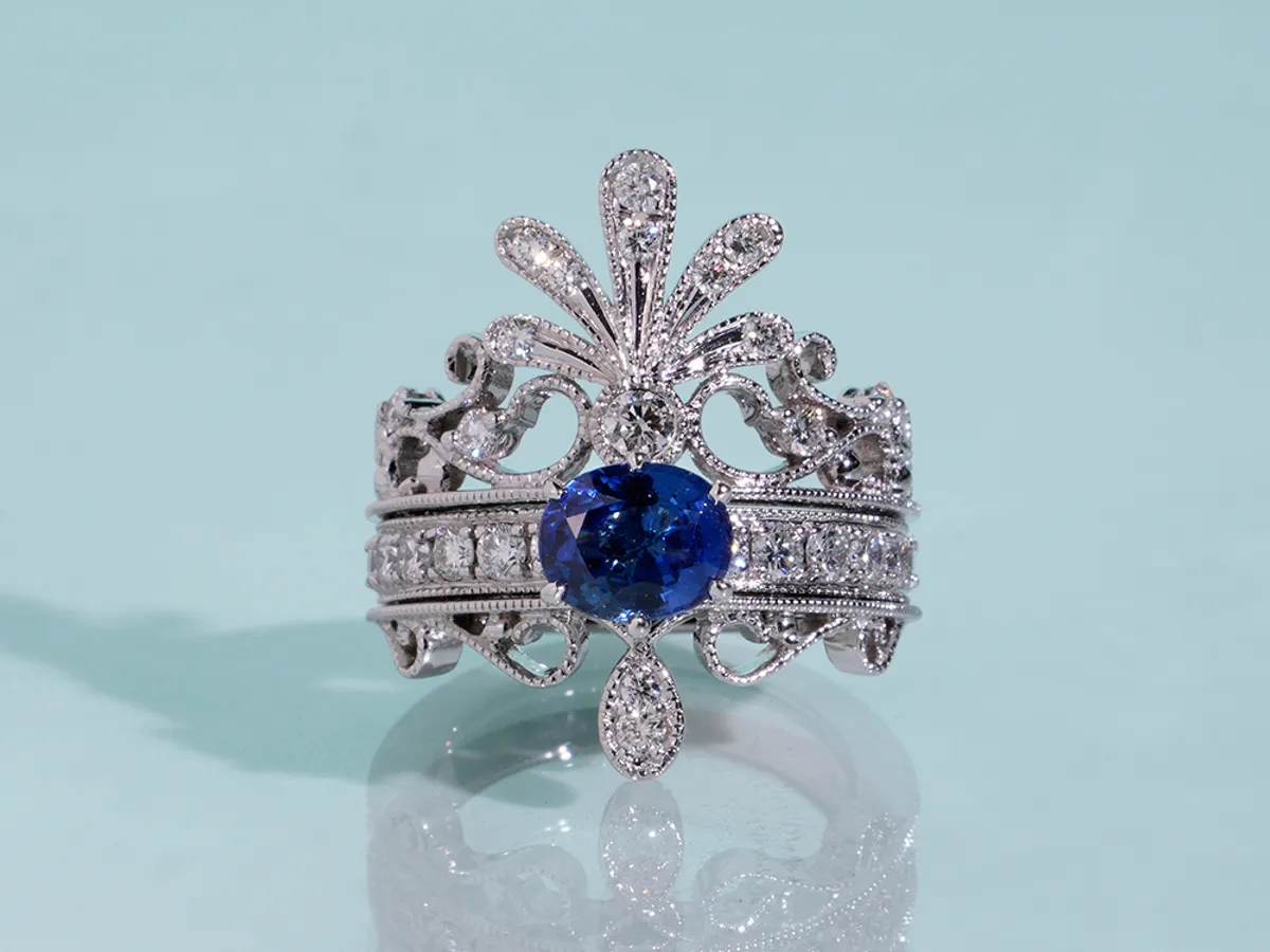 18k White Gold Sapphire Diamond Ring Set (Belgium Style) — 1